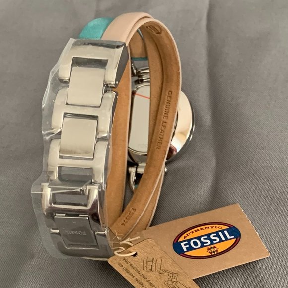 Fossil Women\'s Silver wristwatch  Aqua/Tan leather multistrand  band ES3222 NEW main image 6